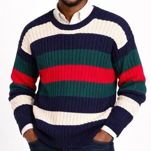 Vintage Men's Striped Sweater Sz L 100% Cotton Navy Green Red Ribbed Preppy